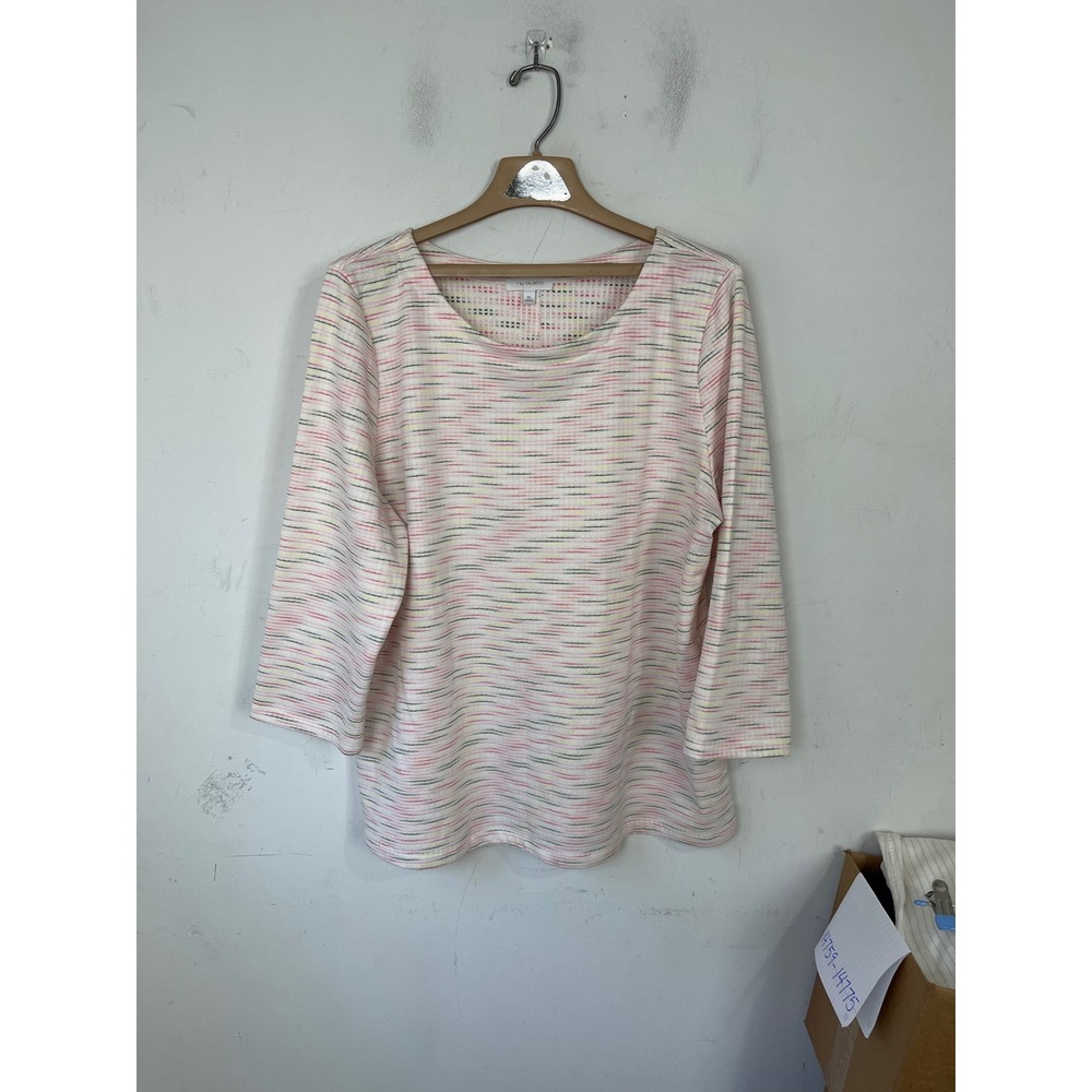 T by Talbots Womens XL Space Dye Waffle Knit 3/4 Sleeve Top Pink Yellow Green